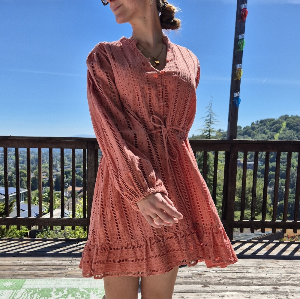 Anthro Forever That Girl Coral Boho Mini Dress M/L Flowy Romantic Dress